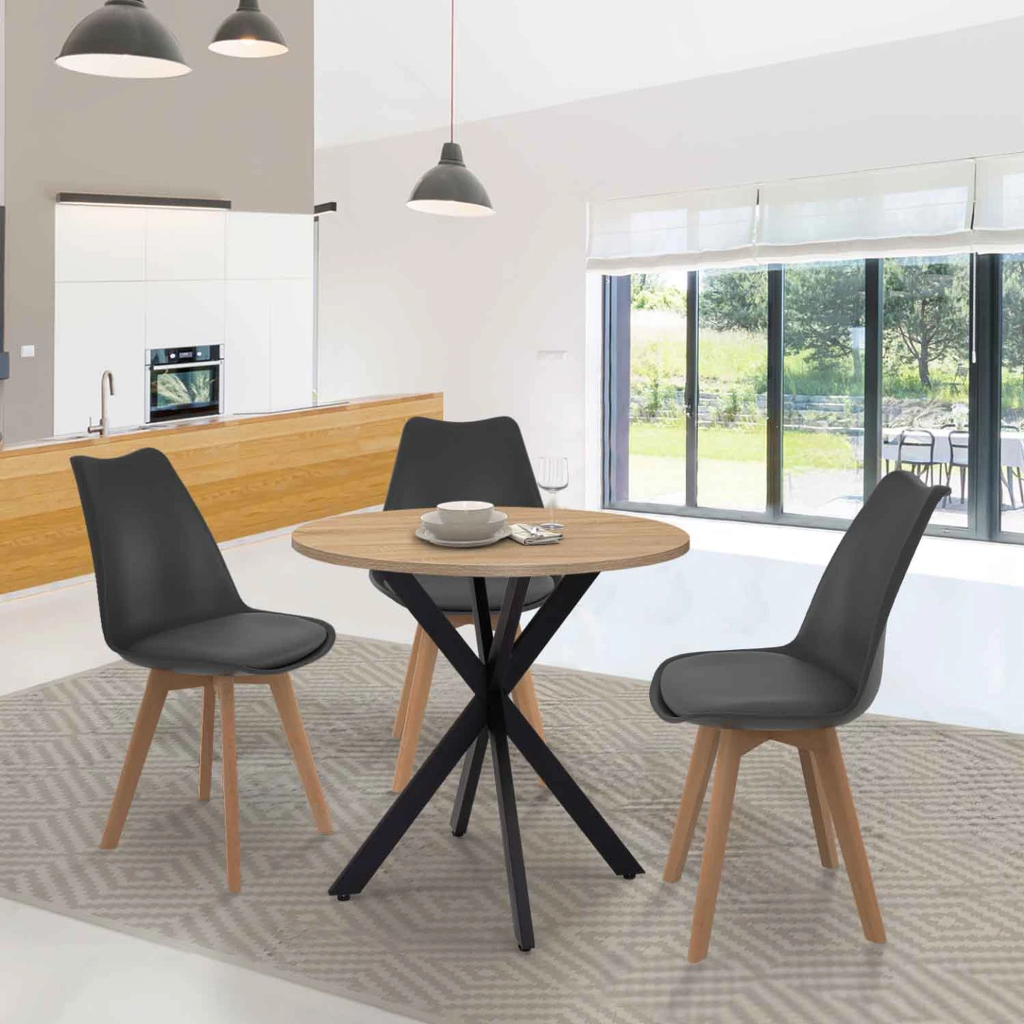 Table à manger ronde ALIX 4 personnes pied araignée bois et noir 80 cm