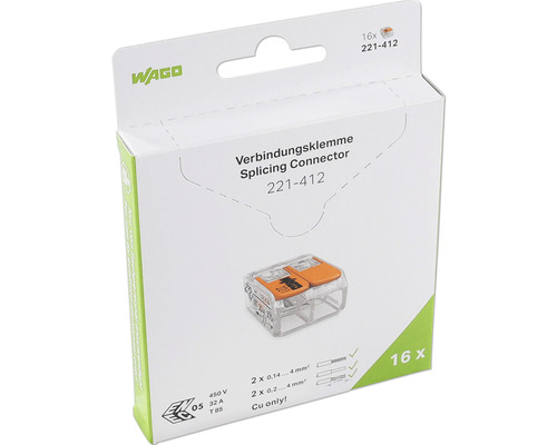 Wago 221-412 COMPACT-aansluitblok 0,14-4 mm² 2-aderige hefboomklem 16 stuks