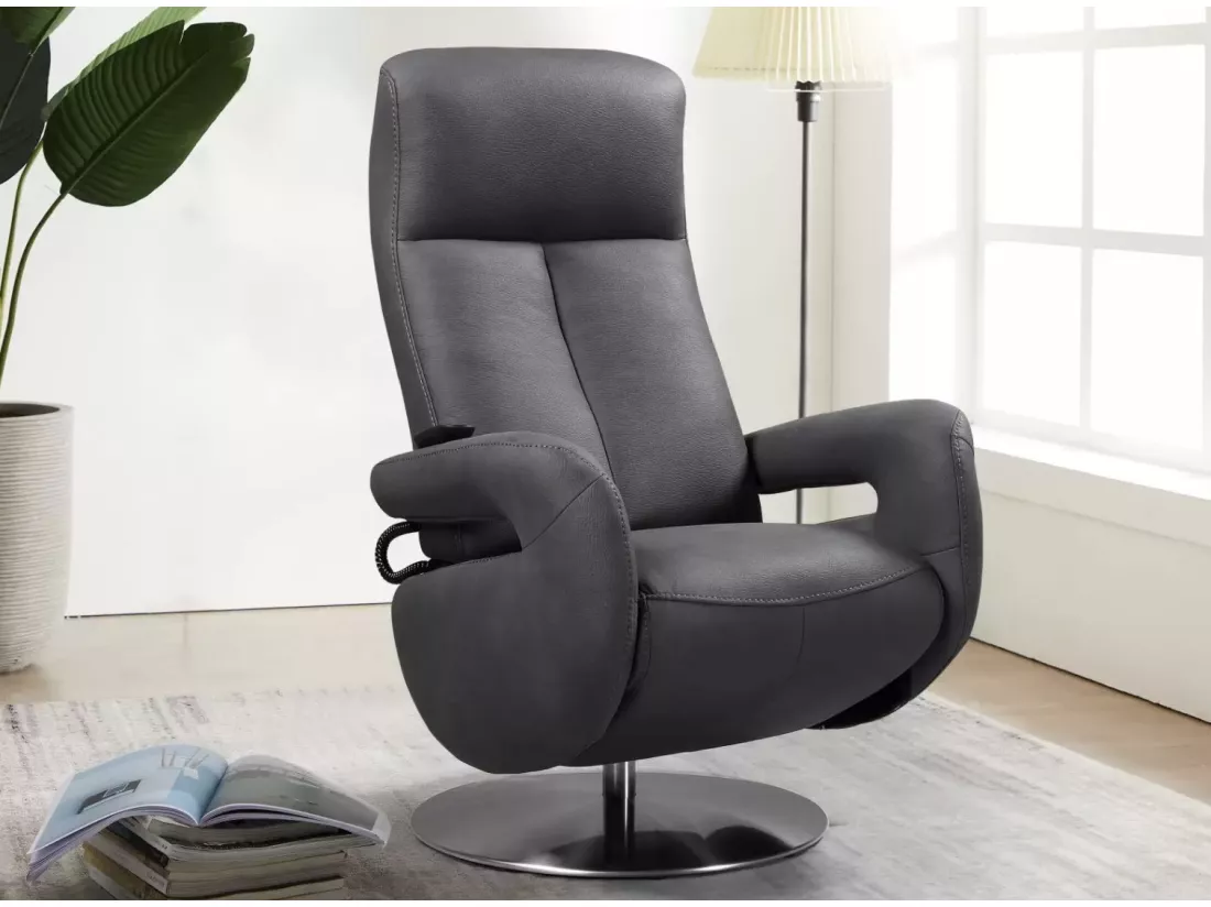 Fauteuil de relaxation électrique 2 moteurs en cuir avec têtière réglable Balbo-Couleur Gris foncé