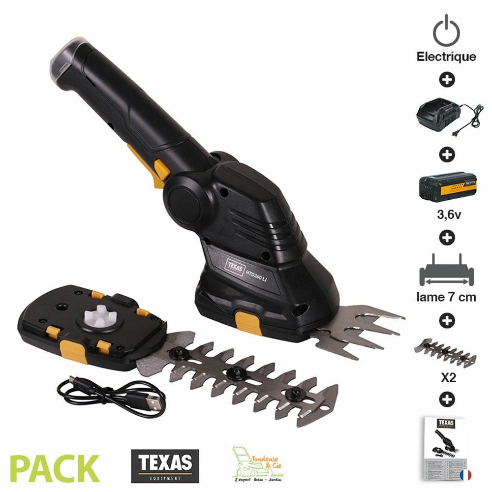 Pack cisaille à gazon 7cm taille arbuste 12cm batterie lithium texas htg360li