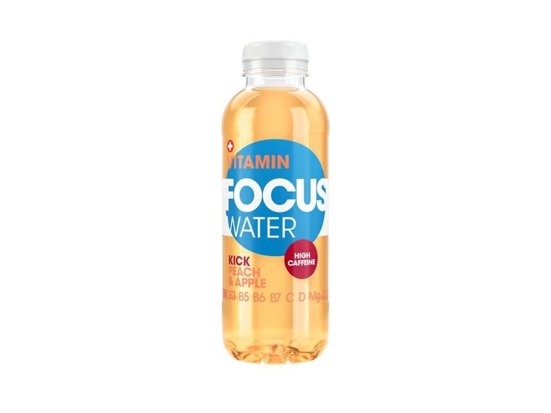 FOCUS WATER Kick Pfirsich & Apfel 12 x 0.5 l Schweizer Vitaminwasser mit hohem Koffeingehalt