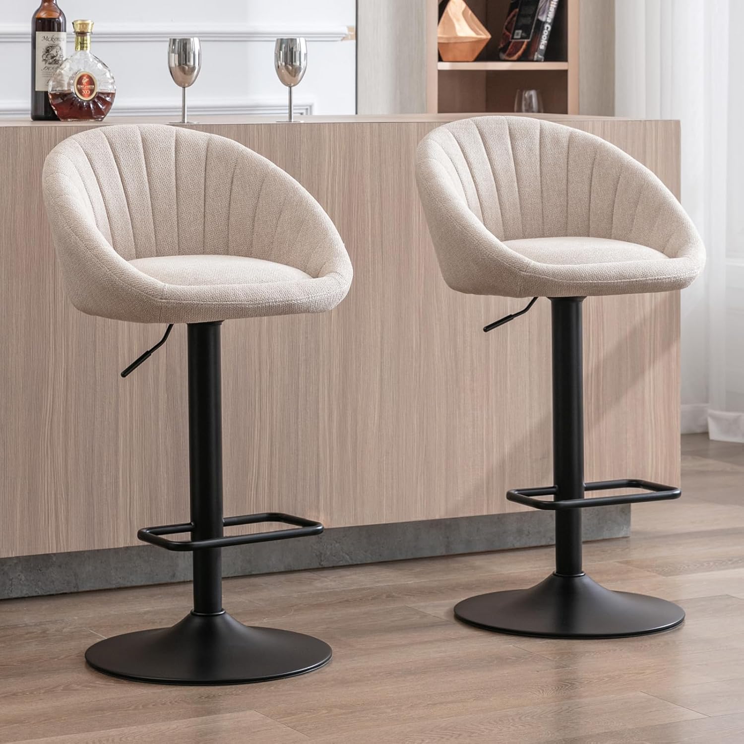 Barhocker 2er Set, Gepolsterter Drehhocker Barstühle höhenverstellbar Küchenhocker aus Handtuch-Stoff Tresenhocker für Küche/Hausbar,Beige