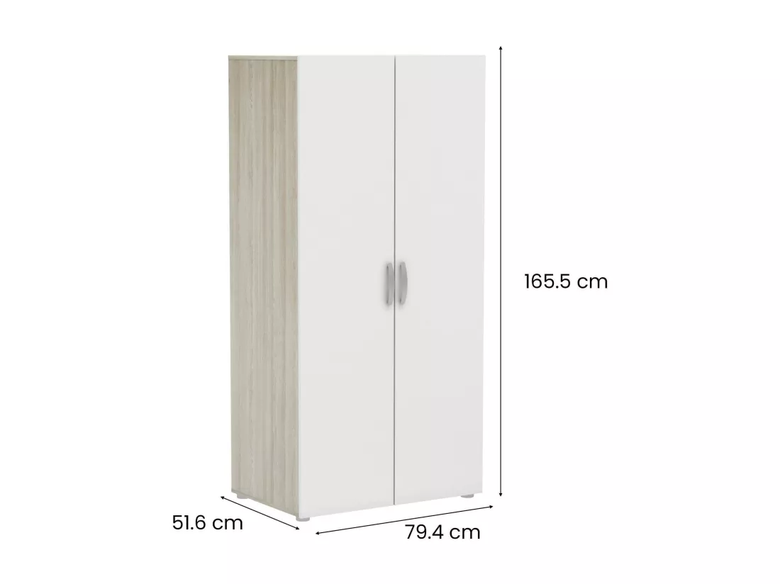 Garde-robe 2 portes Dsaevi, Meubles de chambre, Penderie de plain-pied, Placard à vêtements, 79x52 h166 cm, Chêne et Blanc mat