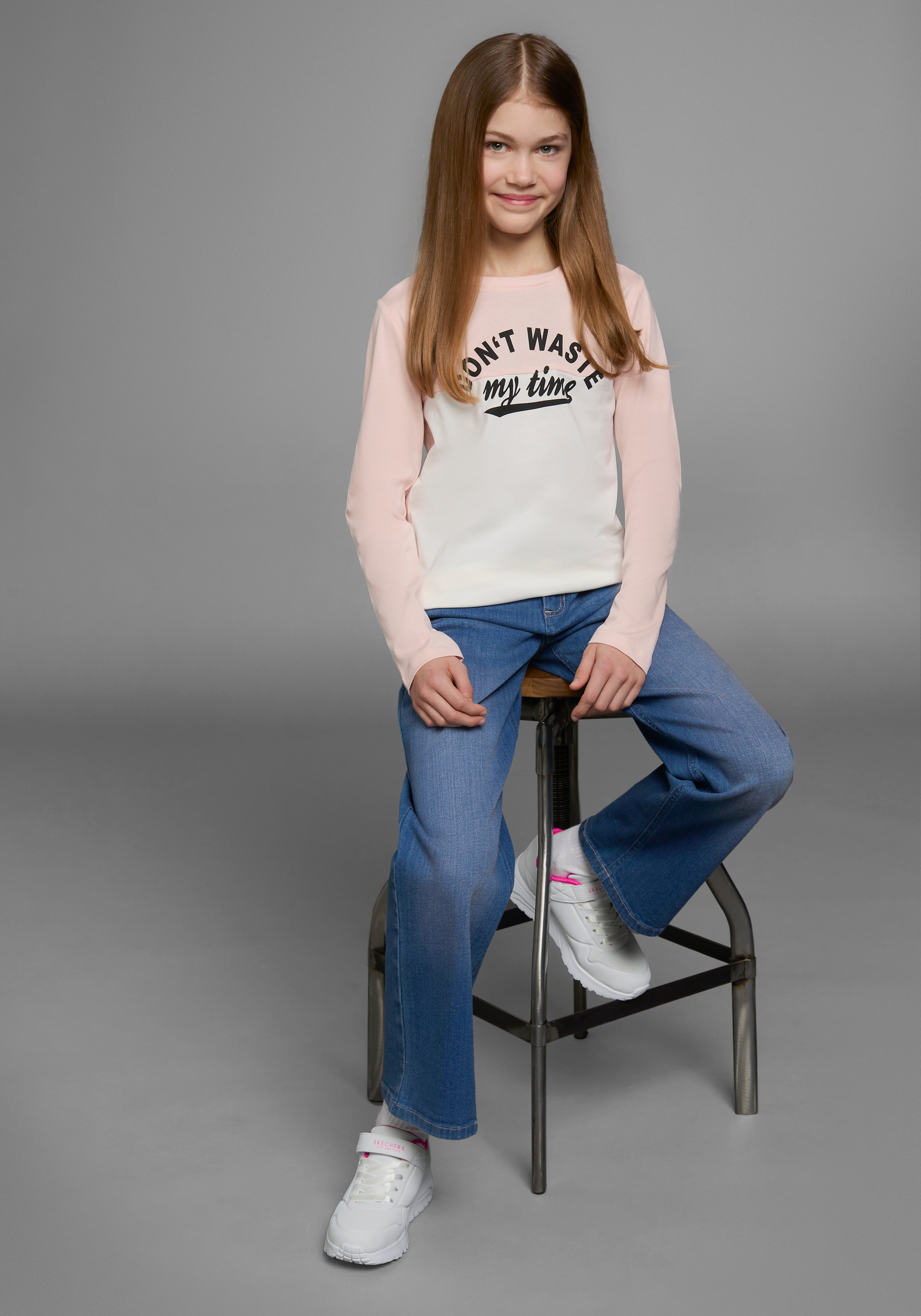 KIDSWORLD Langarmshirt »Mit Sprüche-Druck: Don´t waste my time«, Langarm,  Basic-Passform,  Colourblocking-Optik,  Rundhalsausschnitt