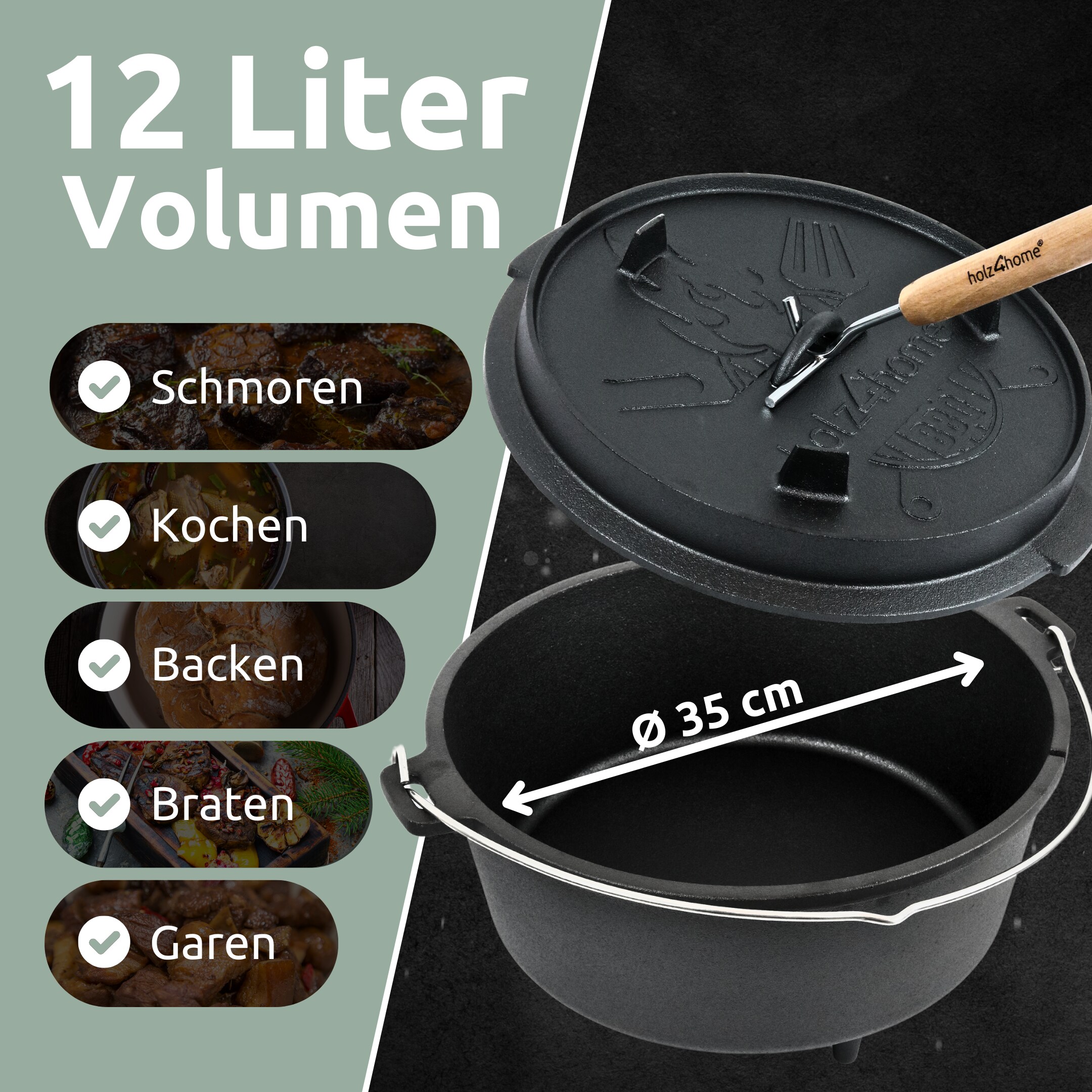 holz4home® Dutch Oven I eingebrannter Feuertopf aus Gusseisen I inkl. Deckelheber, Topfständer und Reinigungsbürste | 12 Liter