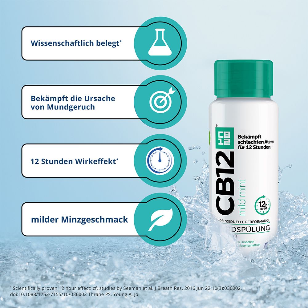 CB12 Mundspülung Mild: Mundwasser mit Zinkacetat & Chlorhexidin, gegen schlechten Atem & Mundgeruch