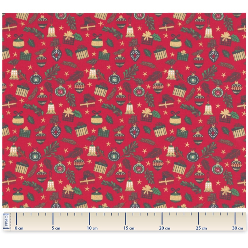 Coupon Tissu Coton 1 M - Ex2349 Noël Cadeaux De Noël Or Rouge