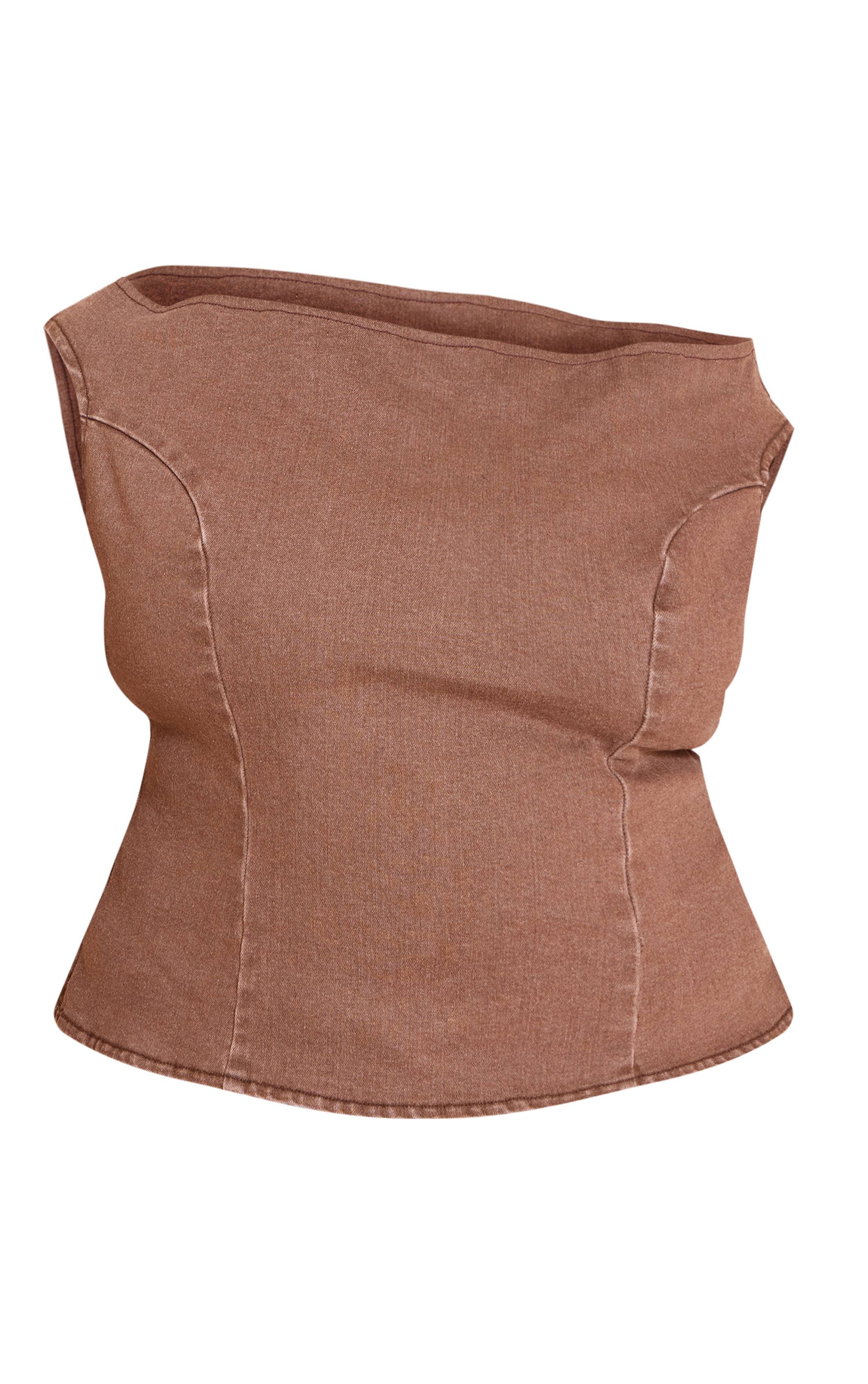 Marron Haut En Denim Stretch Épaules Dénudées Grande Taille