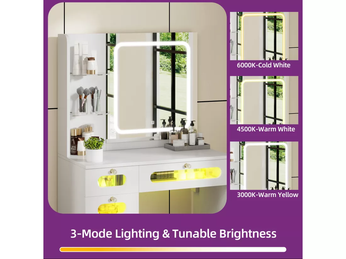 YITAHOME Coiffeuse avec Miroir LED - Prises - 3 Tiroirs et 1 Armoire - 2 Étagères Rangement - Blanc
