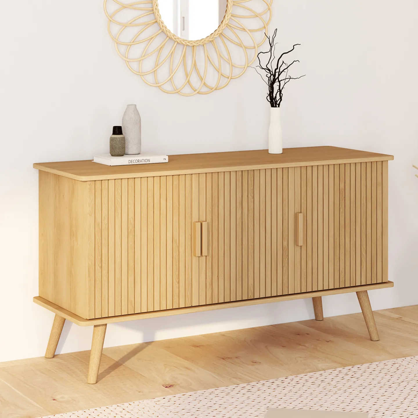 Buffet 110 cm JULIETTE 3 portes lattes tasseau bois coloris chêne