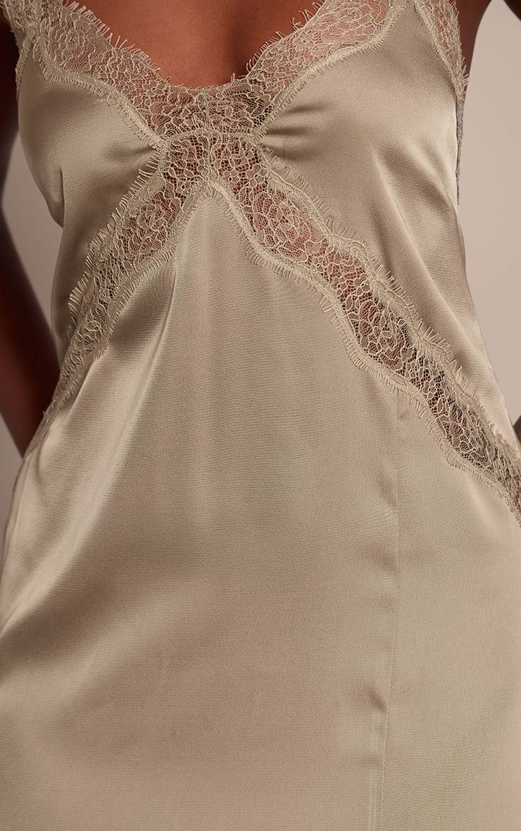 Vert Olive Robe Nuisette Longue En Satin À Bordure Dentelle