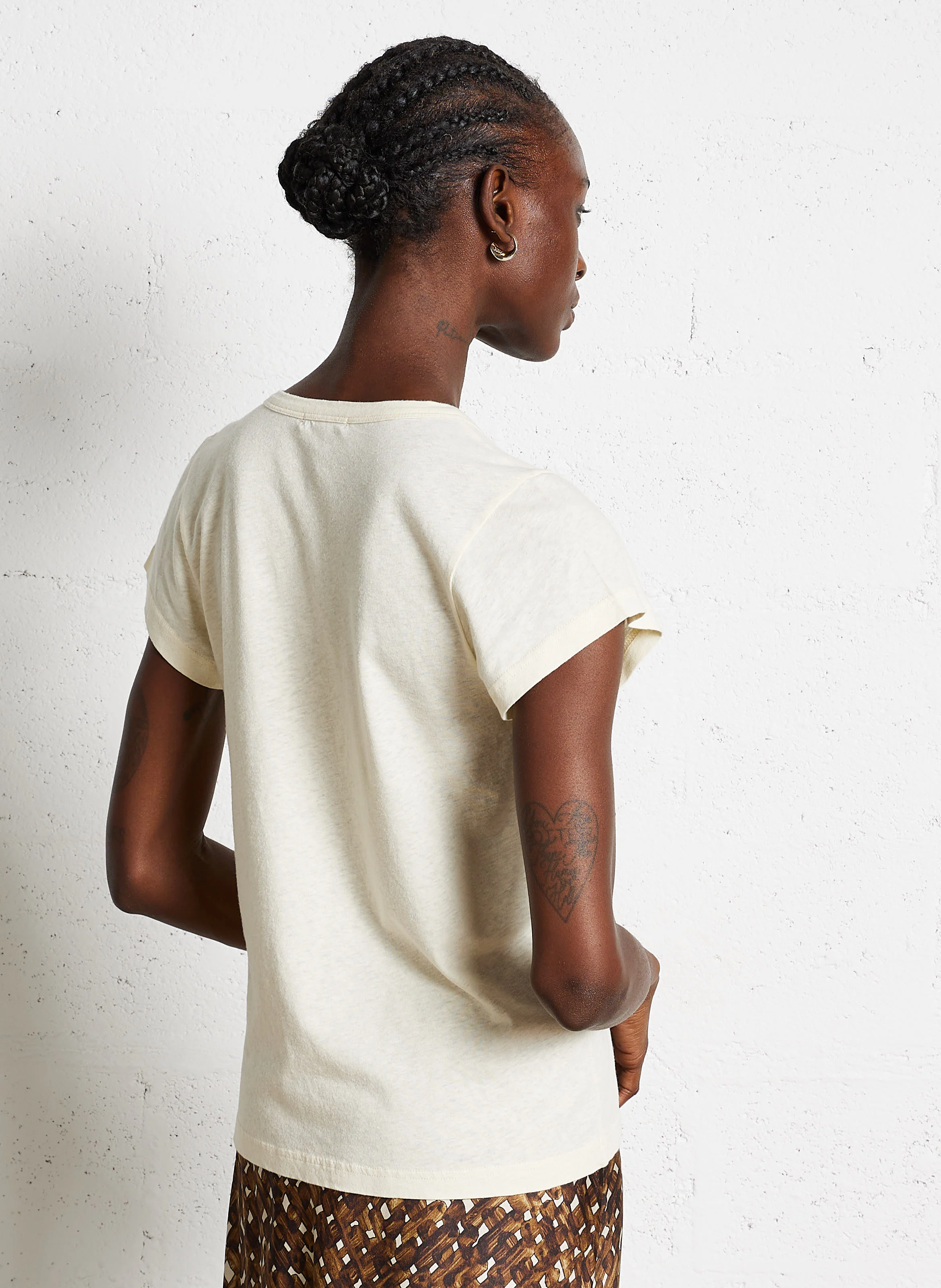 DOMINIQUE - Tee-shirt col V en coton et lin mélangé | Beige
