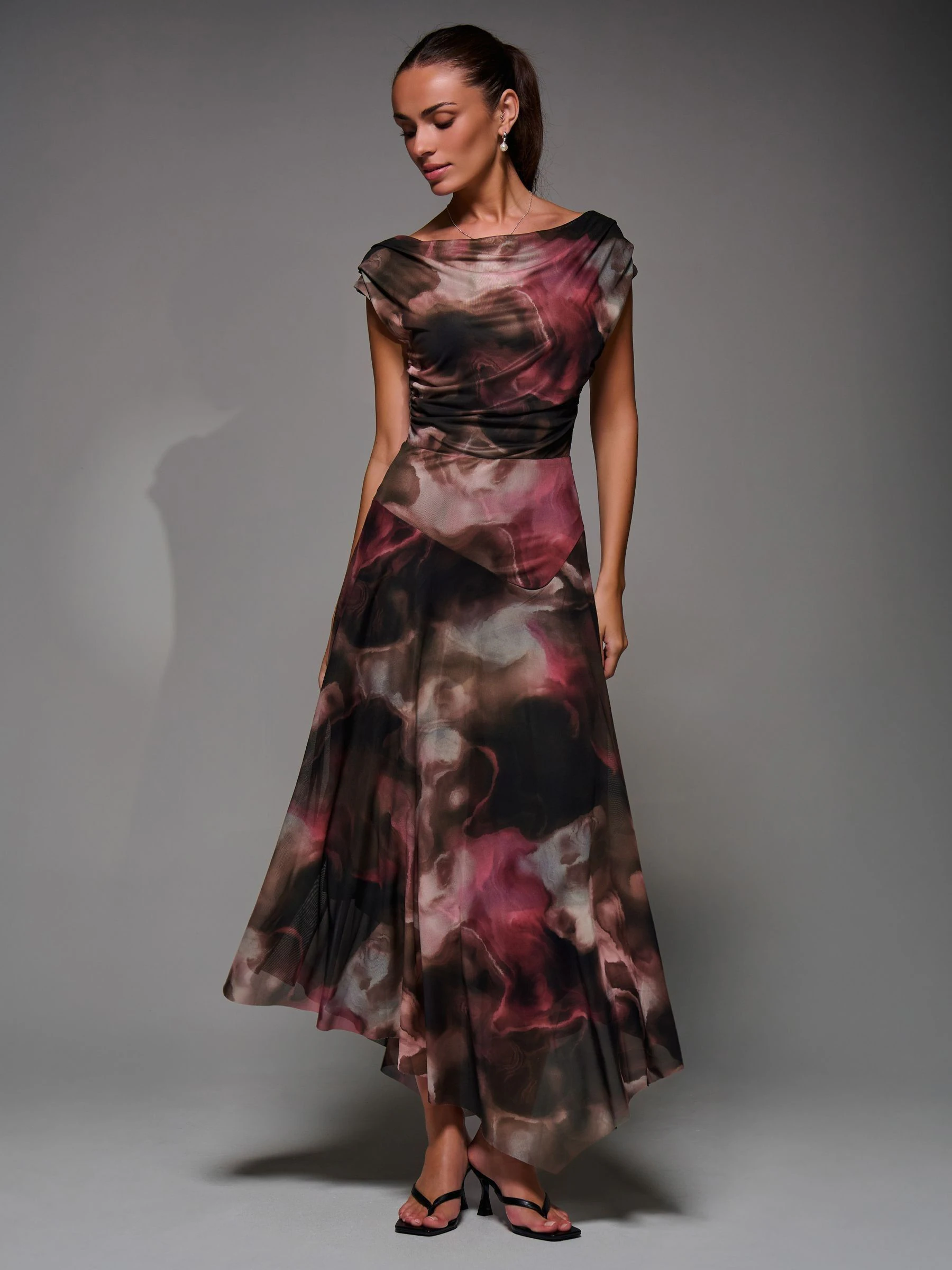Bruin - Jolie Moi Mesh Asymmetrical Draped Maxi Dress