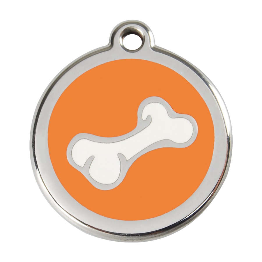 Placa de identificação para cães em aço inoxidável esmaltado com desenho de osso de desenho animado na cor laranja.