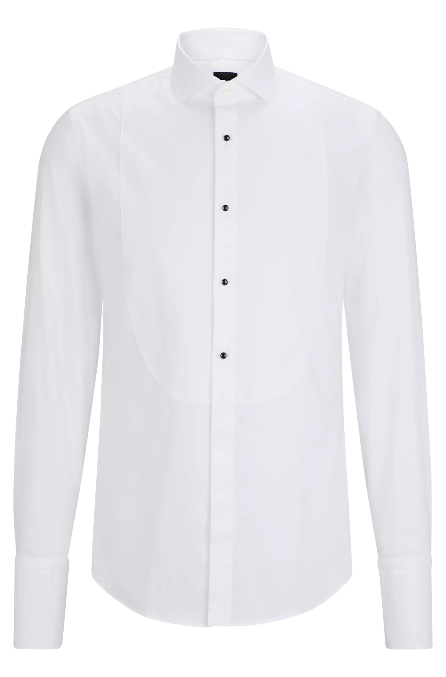 Camisa social BOSS preta, corte slim, em popeline de algodão elástico de fácil passar.