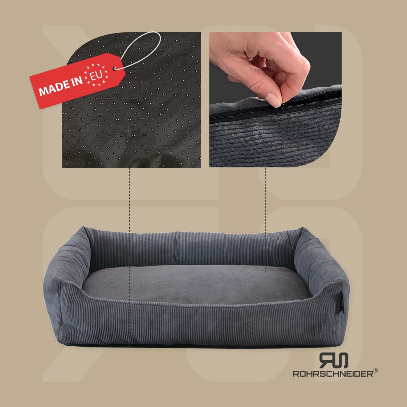 Rohrschneider Hundebett mit Gratis-Beigabe, waschbar, robuster Fein-Cordstoff anthrazit