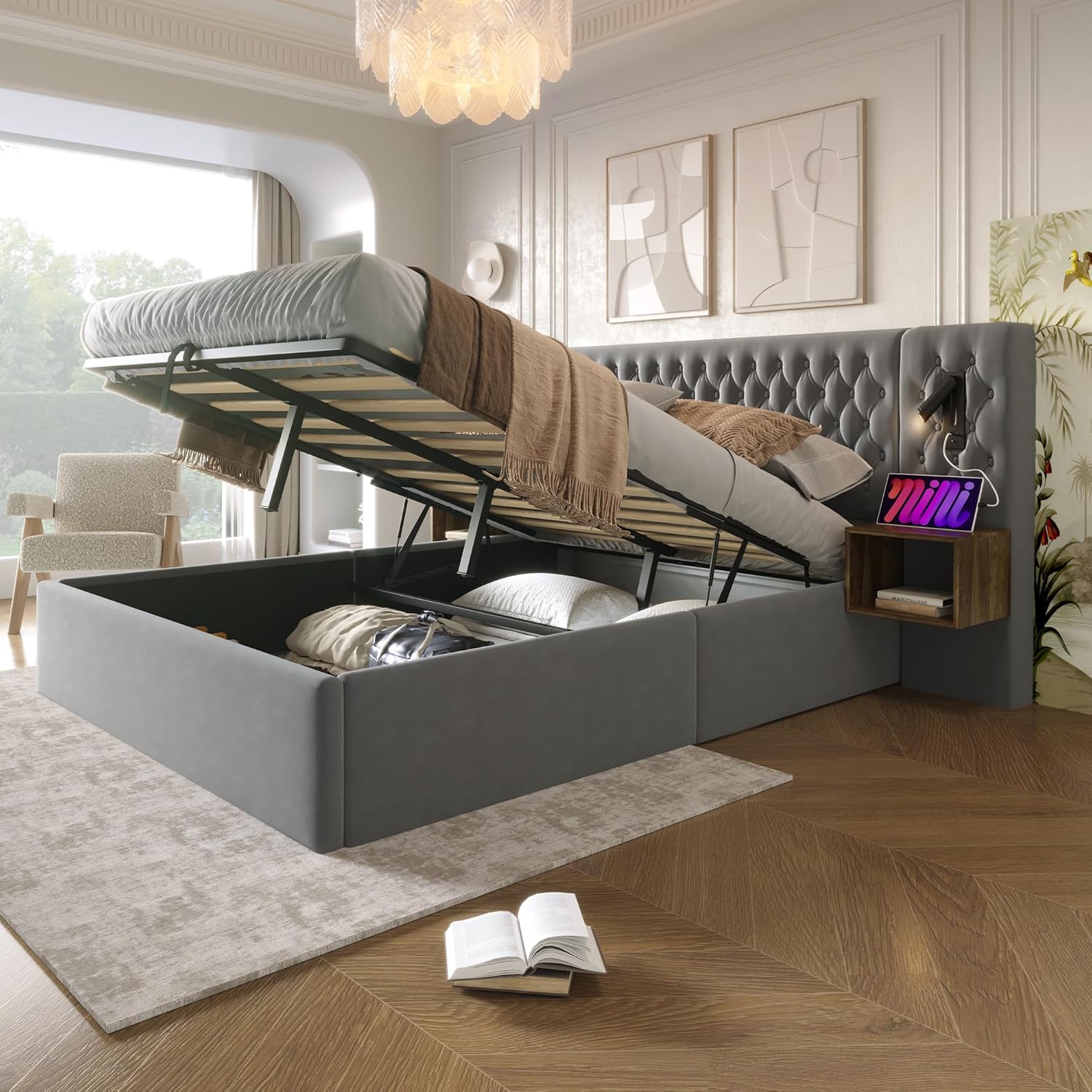 Polsterbett Doppelbett Bettanlage 180x200 cm, Schlafzimmer Komplett Set, Hydraulisch Stauraumbett mit 2x Nachtkommoden, LED Kopfteil Bett mit Leselicht & USB Ladefunktion, Samt, Ohne Matratze, Grau