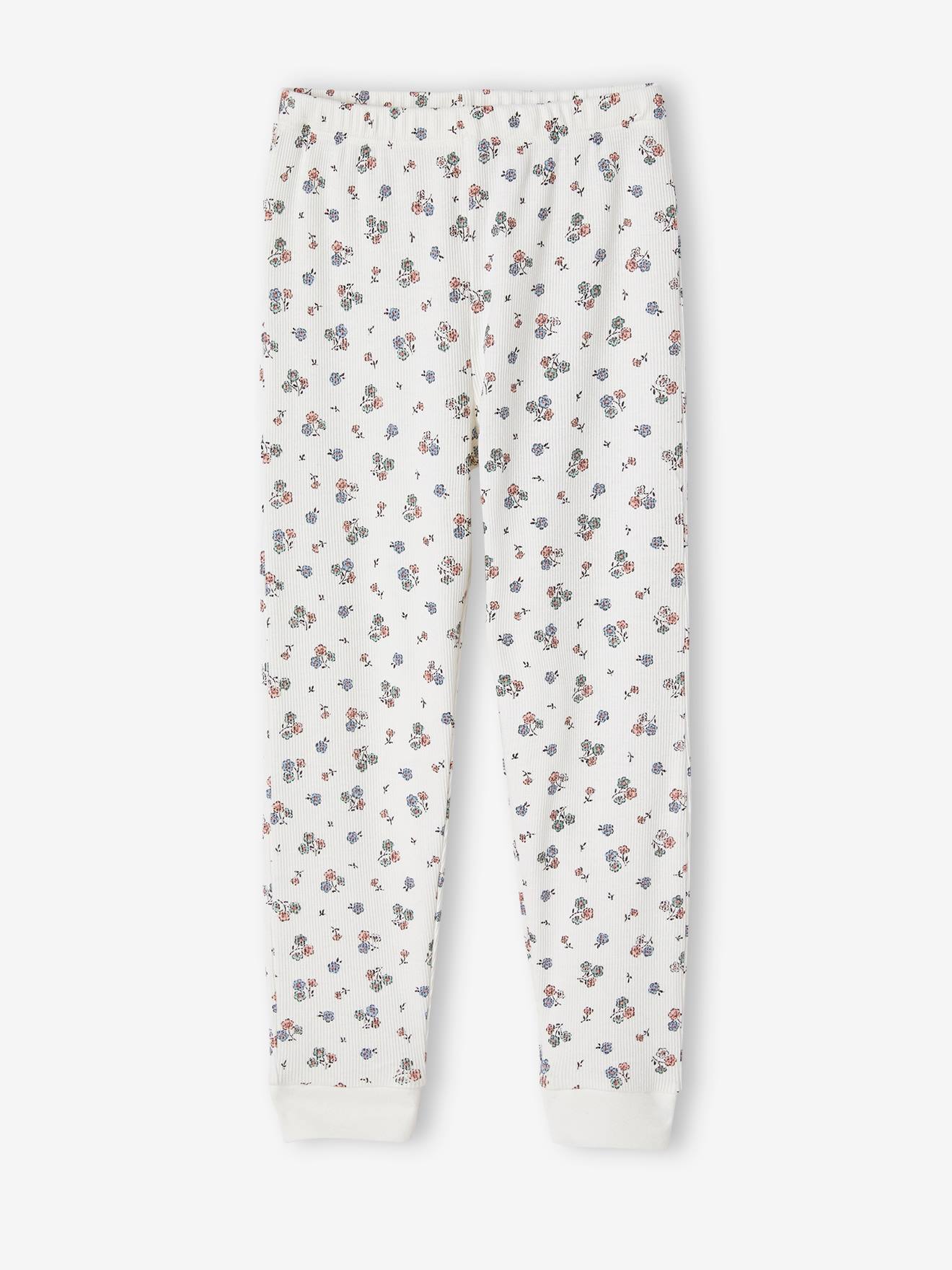 Pijama de malha canelada, personalizável, com estampa floral para meninas, cor cru.