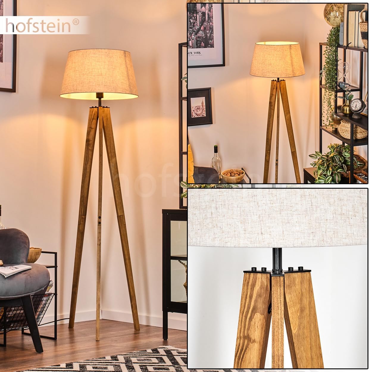 Stehleuchte Bassagoda, Stehlampe aus Holz/Metall/Stoff in Naturfarben/Schwarz/Beige, Leuchte im skandinavischen Design mit rundem Schirm (Ø 45 cm) u. Fußschalter, 159 cm, 1 x E27, ohne Leuchtmittel