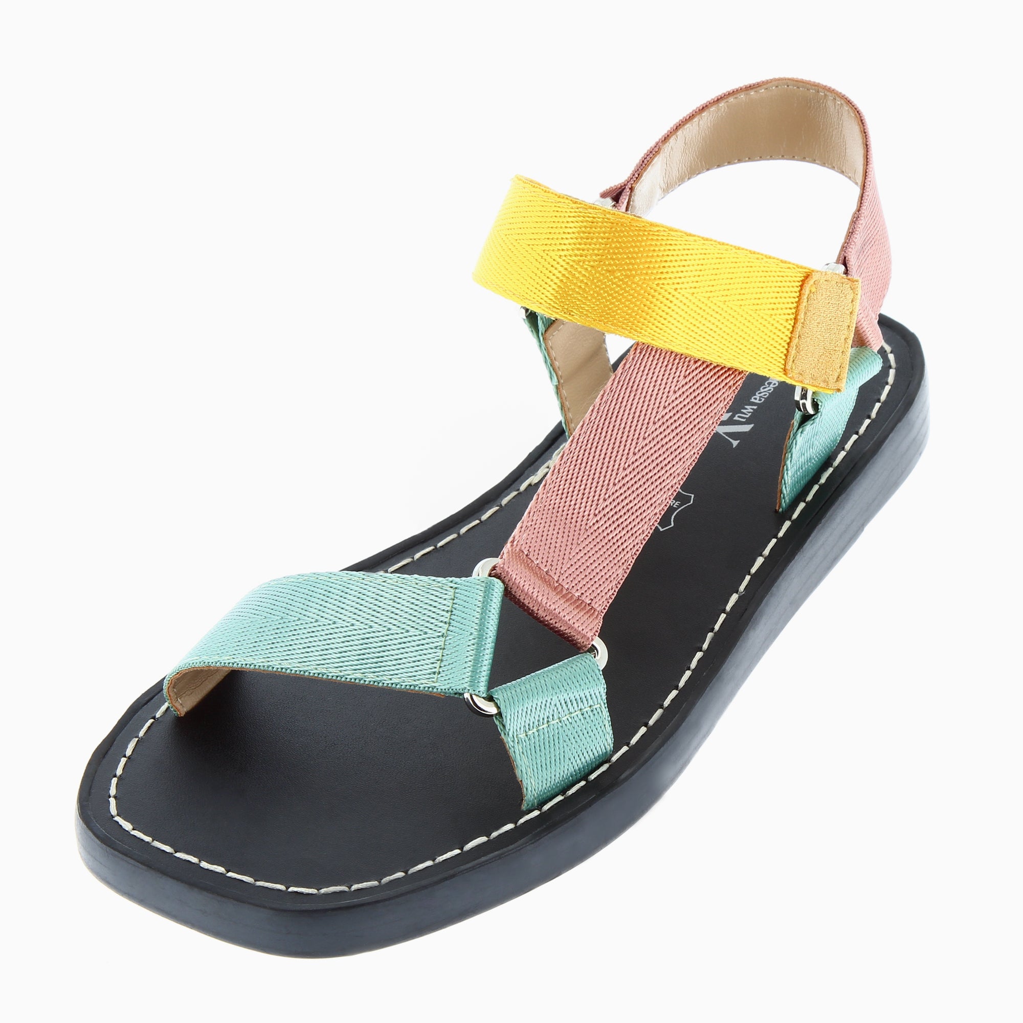 Sandales plates-Sandales plates Laurence en tissus jaune, vieux rose et vert d'eau
