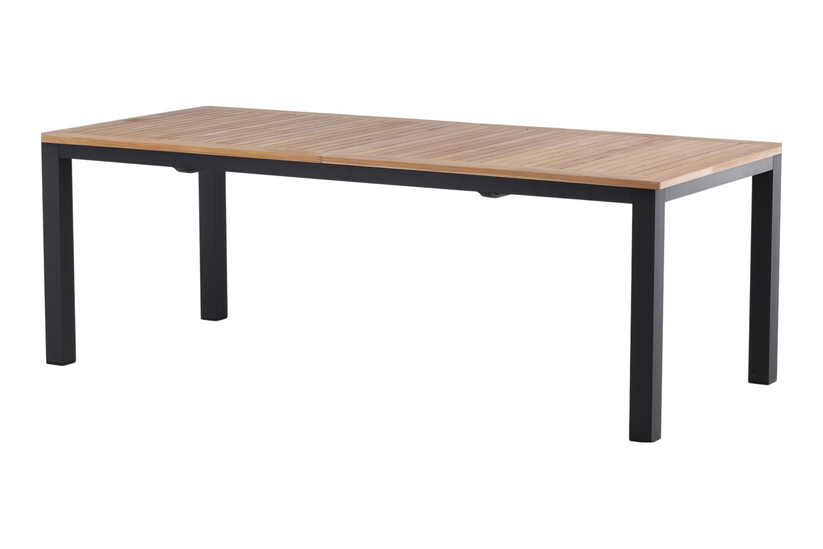 Panama spisebord Hagebord med sortlakkert aluminiumsunderstell, teak bordplate med utrekk. Ileggsplate er inkludert. 224/324x100 cm