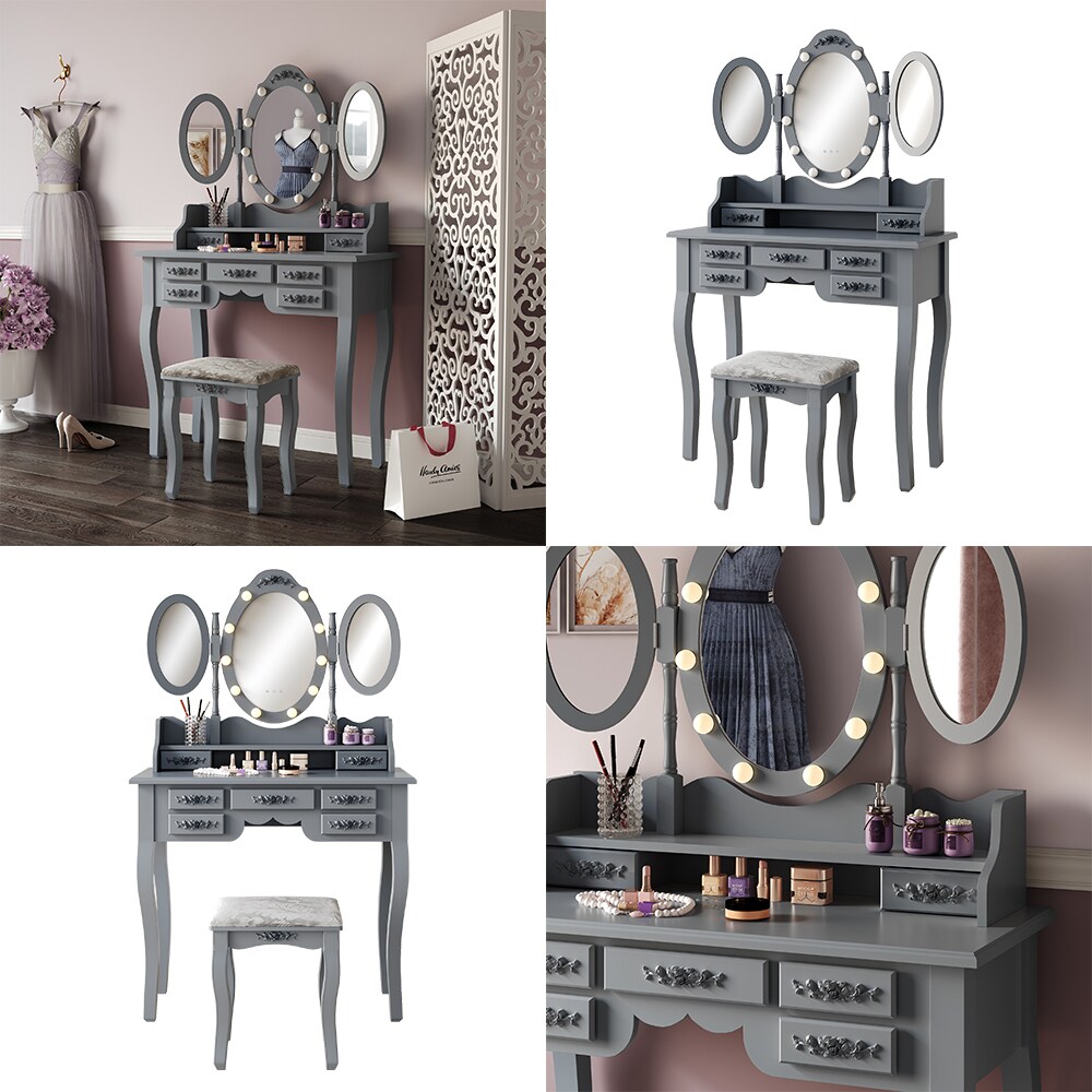 Vicco Schminktisch Diana Grau 90 cm mit Beleuchtung und Hocker