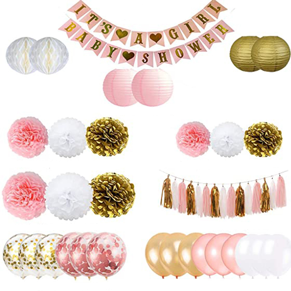 (75-tlg. Set) Baby Party Luftballons / Lampions / Pompon's / Wabenkugeln / Quastengirlanden Party Deko Baby Shower / Geburt - It's a Girl