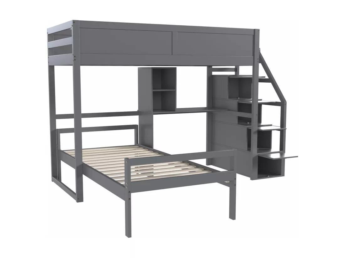 Lits superposés 2 x 90 x 200 cm avec bureau, 4 tiroirs et étagères - bois de pin + MDF - gris (sans matelas)