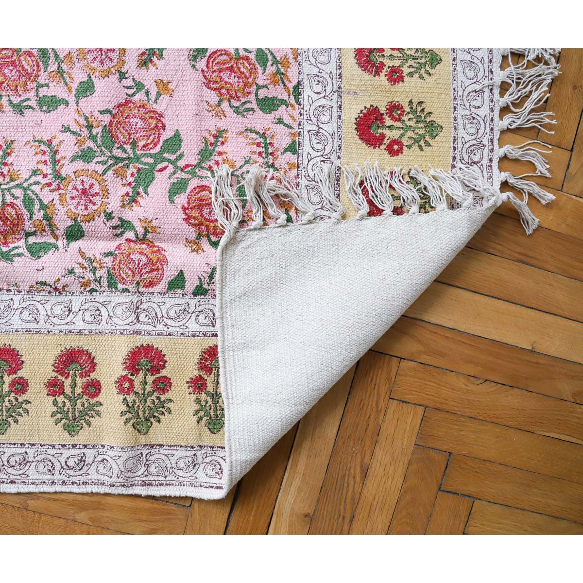 Tapis block print rose et moutarde 120x180 Pondie Chérie
