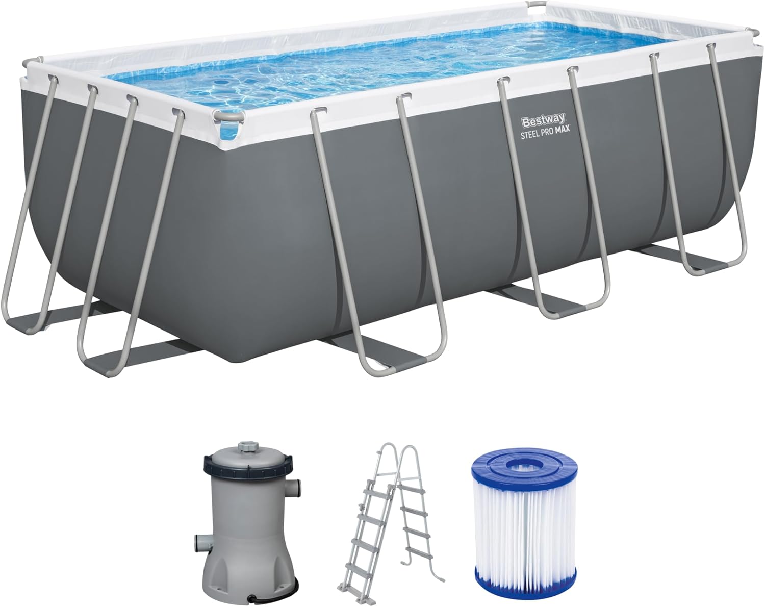 Bestway Power Steel Frame Pool Set mit Filterpumpe 412 x 201 x 122 cm, grau, eckig