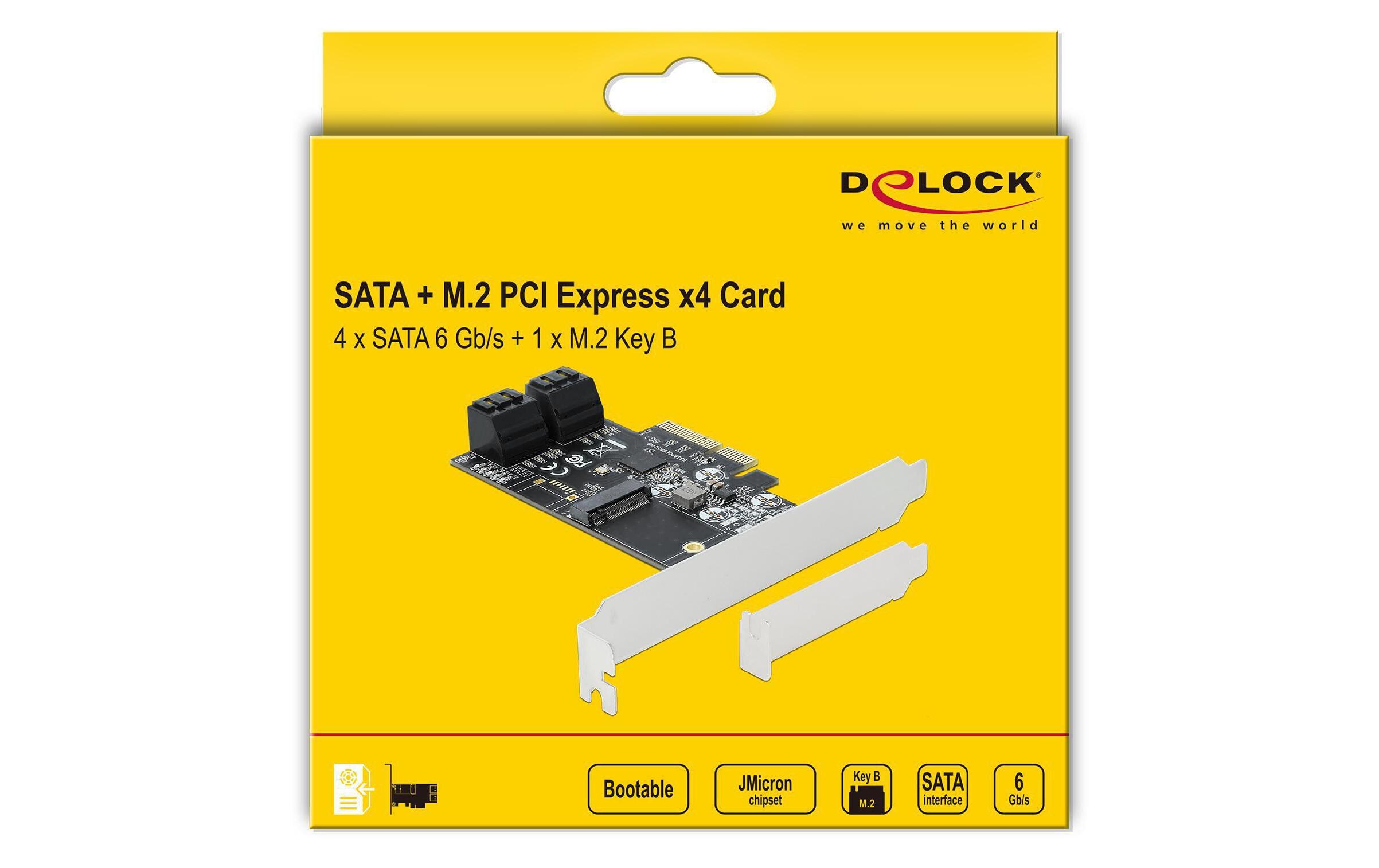 SATA-Controller 4Port SATA & 1Port M.2 SATA PCI-Express-x4Delock 4 Port SATA und 1 Slot M.2 Key B (Format 2242 und 2230) PCI Express x4 Karte
