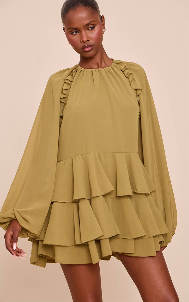 Vert Olive Combinaison-short Fluide À Volants En Mousseline Crème
