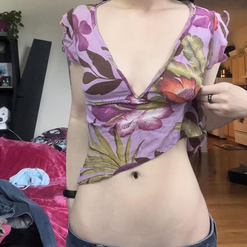 Honet - Tanktop met V-hals, bloemenprint en ruches