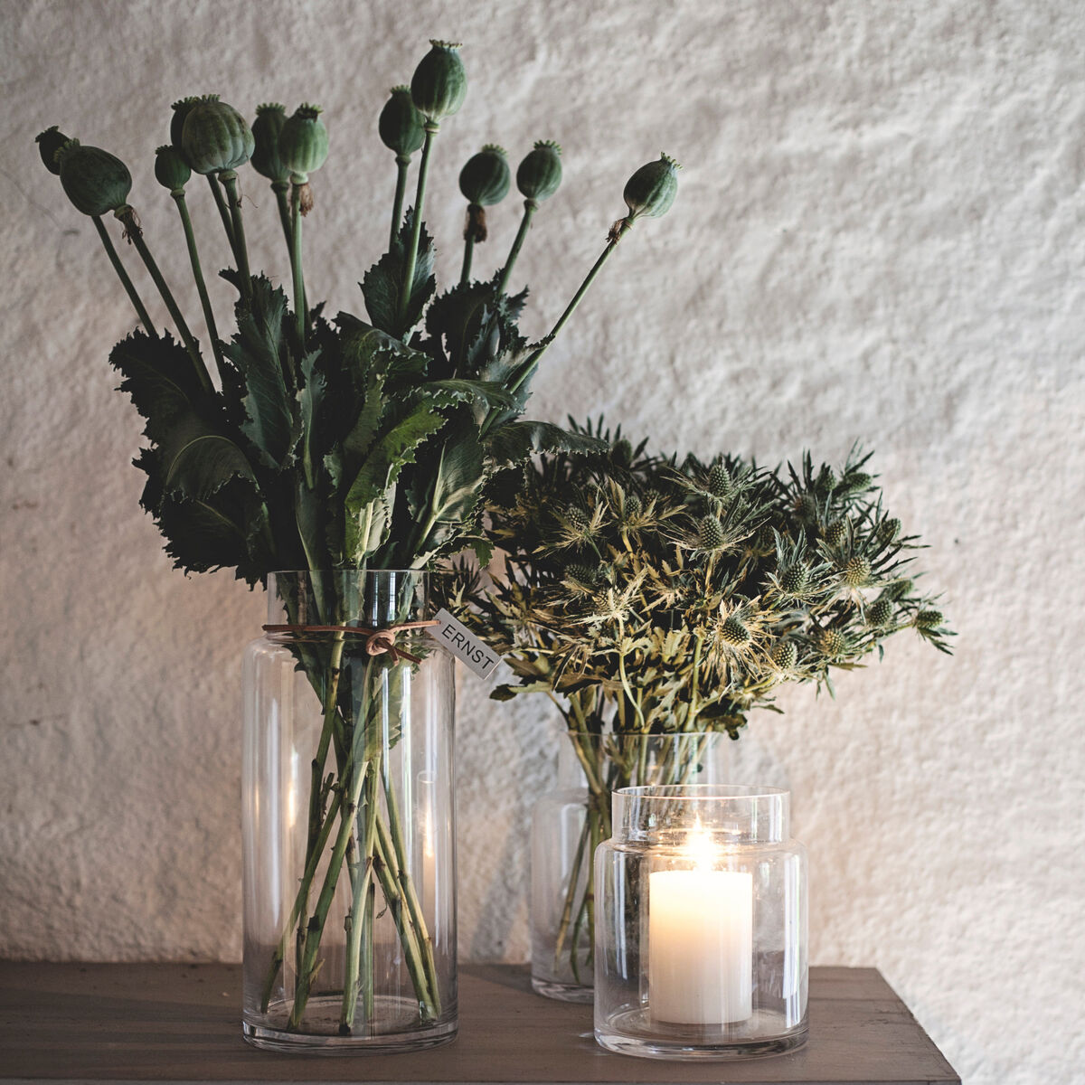 Glassvase med lærbånd 18 cm