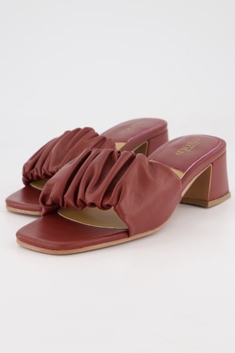 Leder-Pantolette, Lamm-Nappaleder, gekräuselter Riemen, Blockabsatz