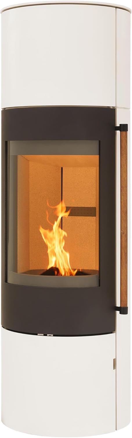 H&M Germany Kaminofen EVO 2.1 XL Stahl Creme Weiß 7kw Ofen Heizofen modern Speicherofen rund Holzkamin mit großer Sichtscheibe und Gussboden mit edlem Holzgriff