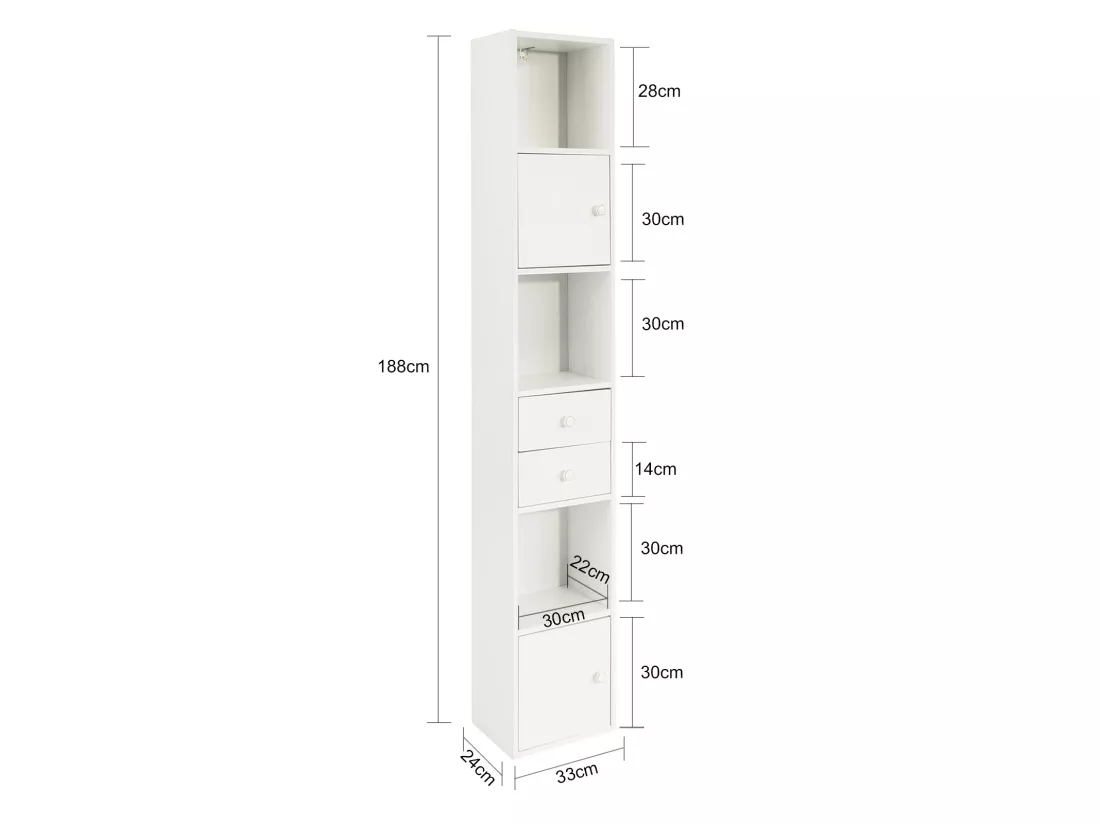 Étagère Sur Pied Étagère De Rangement Meuble Colonne Haute Avec 2portes Et 2 Tiroirs Blanc, Str10-w