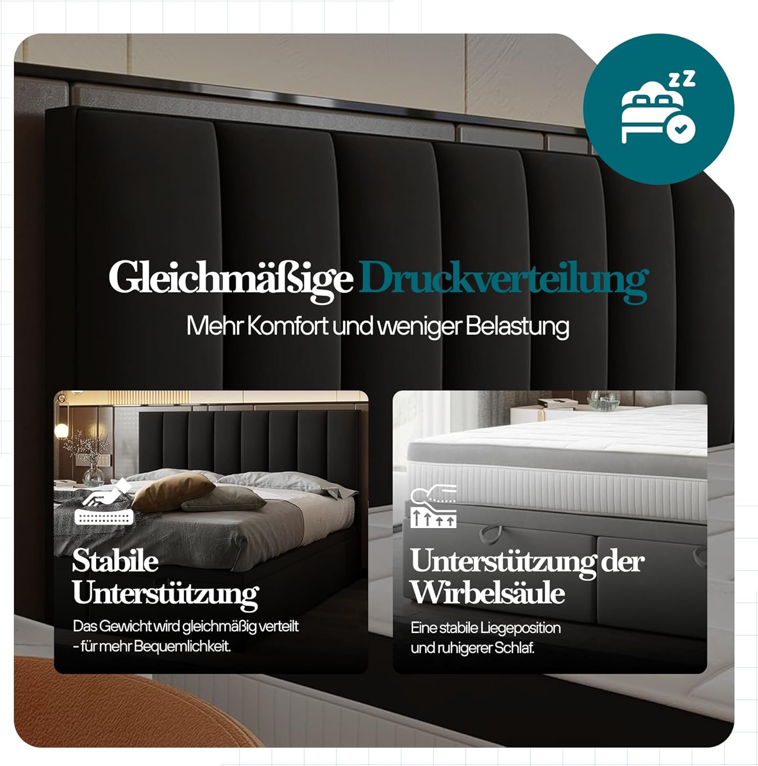 TRADA Boxspringbett Bond - Bett mit Matratze und Bettkasten - Boxspringbett mit gestepptes Kopfteil - Double Bed fur Schlafzimmer - Schwarz - 160 x 200 cm