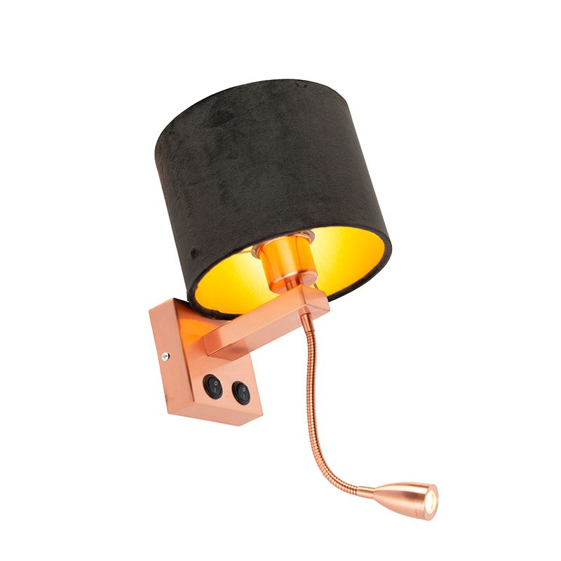 Moderne wandlamp koper met kap velours zwart - Brescia