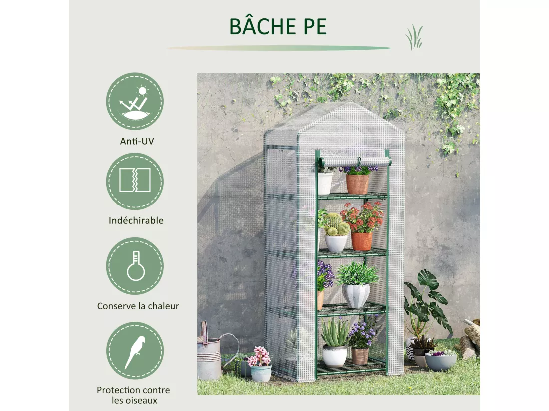 Serre de jardin balcon étagère serre 4 niveaux 0,7L x 0,5l x 1,6H m acier galvanisé bâche amovible PE haute densité blanc