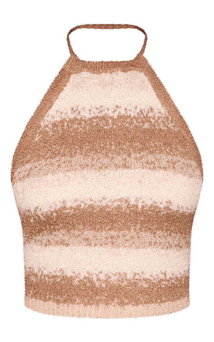 Beige Top Court Col Halter À Dos Noué Rayé En Maille Brossée Petite