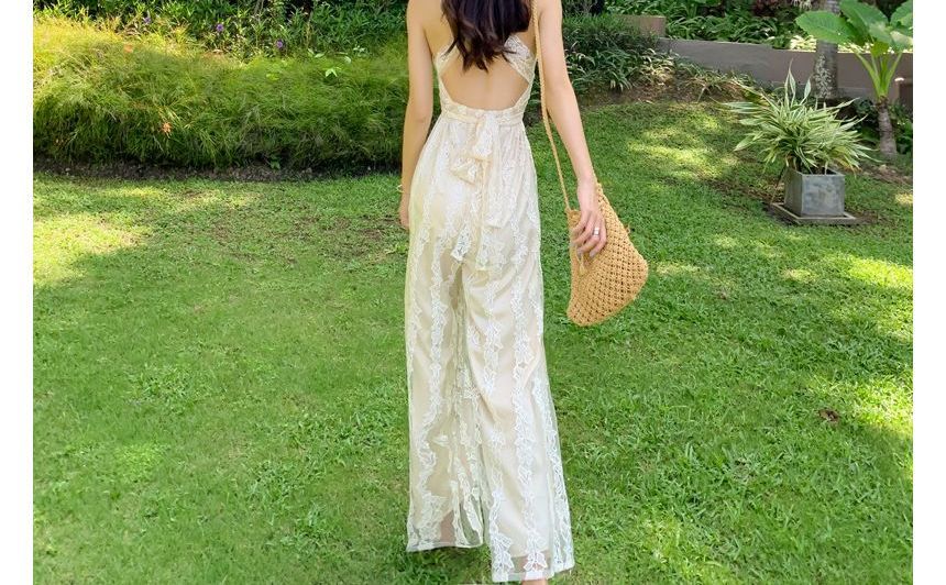 Egsy - Mouwloze V-hals jumpsuit met wijde pijpen en effen kant