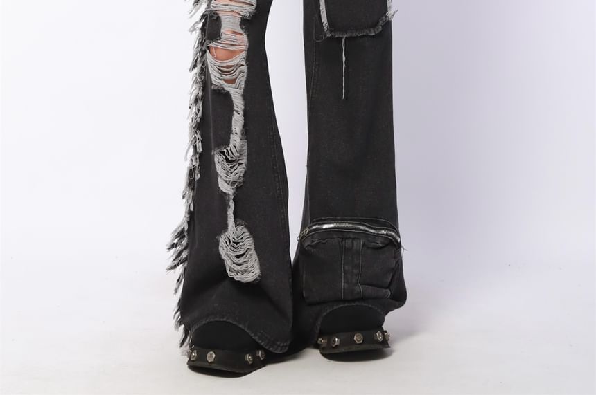 AXEN - Mid Rise Washed Ripped Flared Cargo Jeans