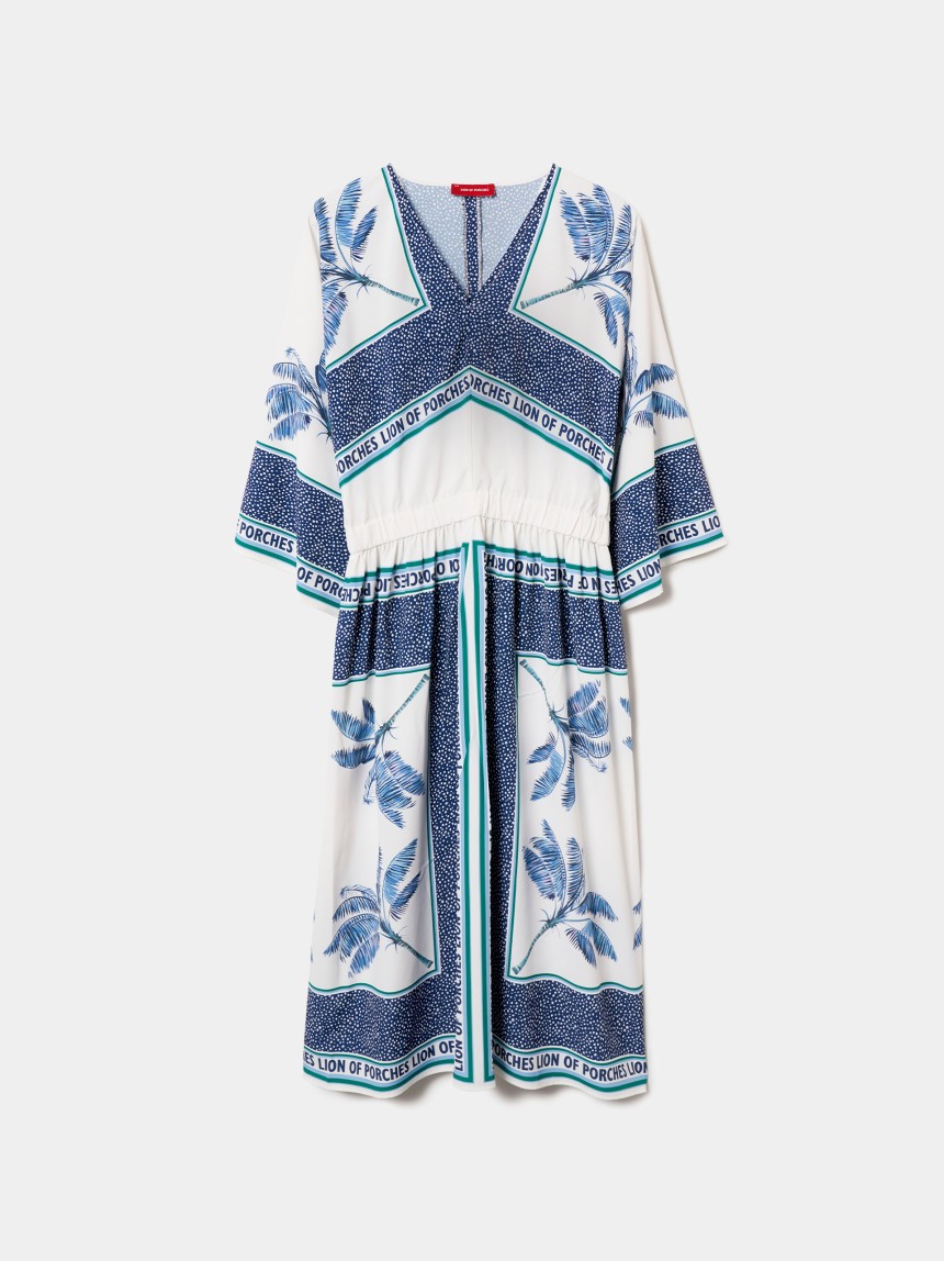 Vestido midi com padrão de palmeiras