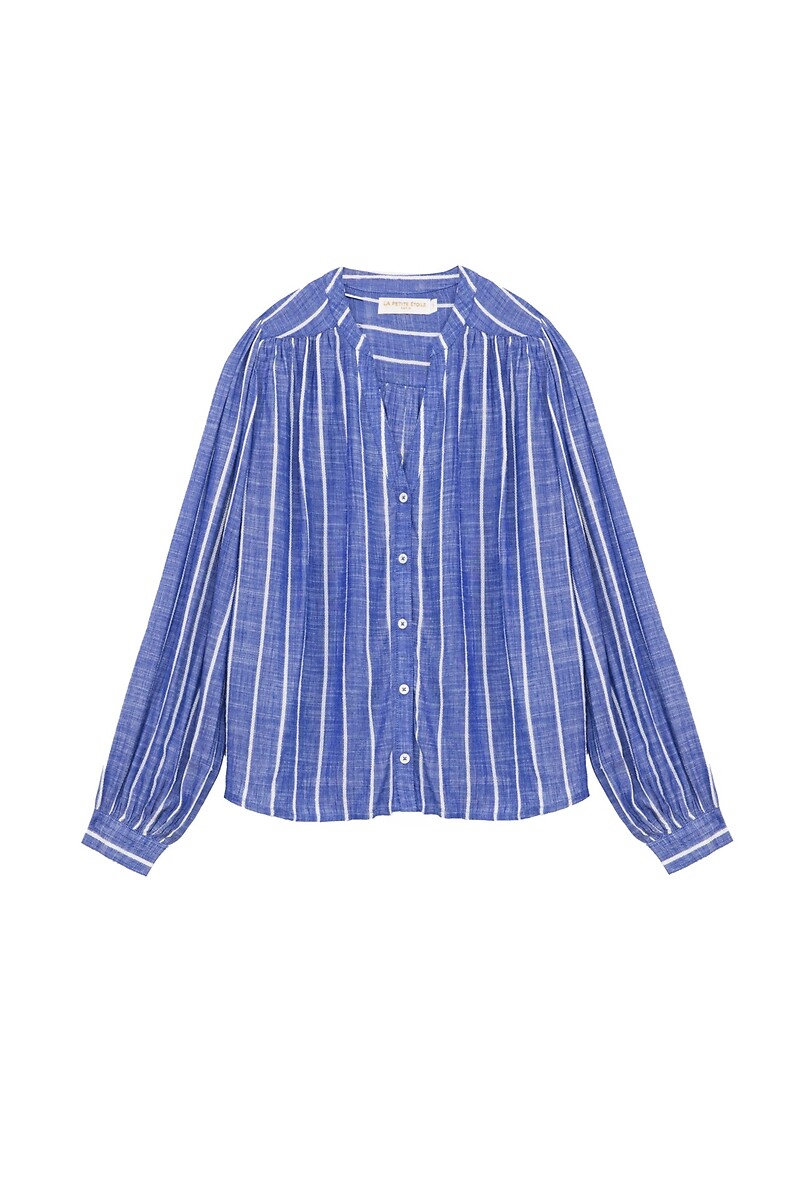 LA PETITE ETOILE<br>Blusa listrada fluida com decote em V e mangas compridas AZUL