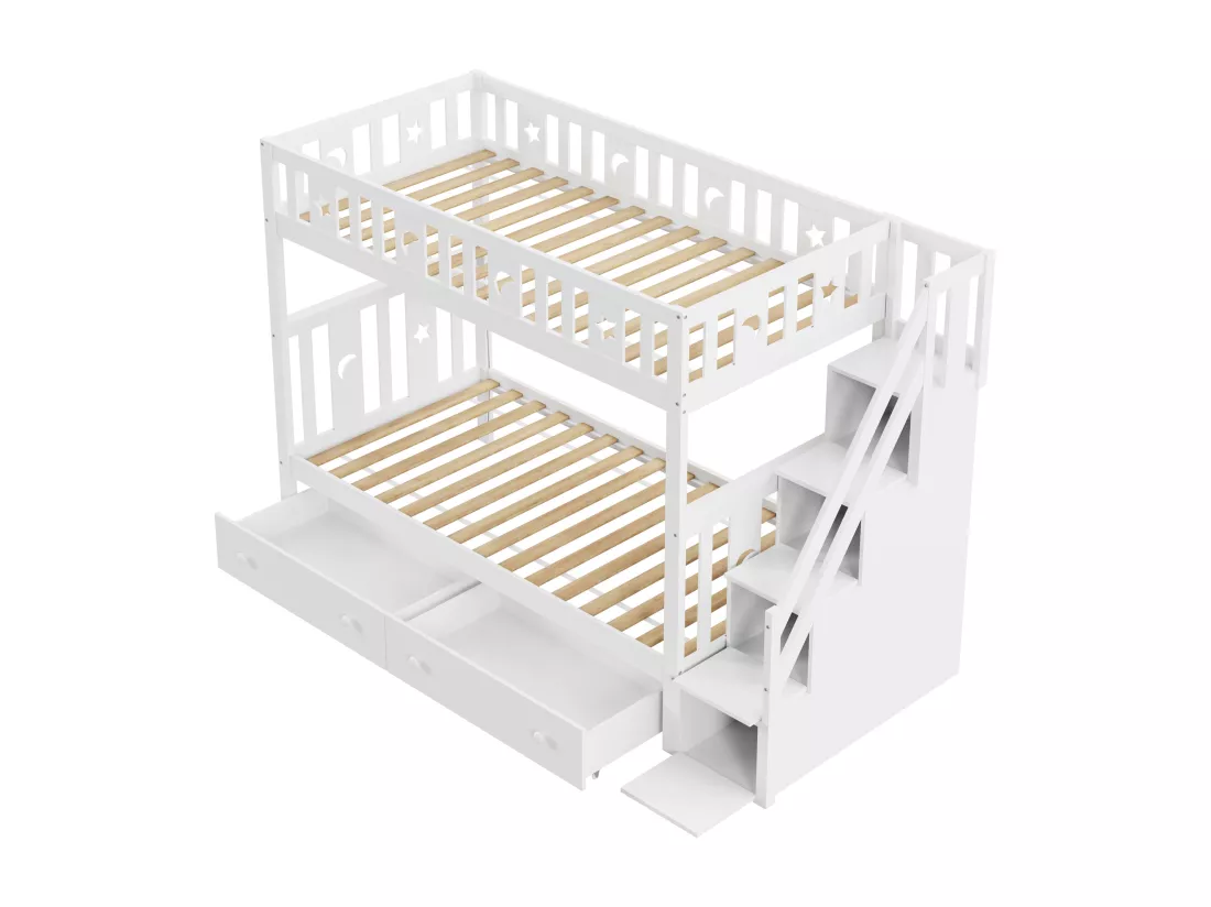 Lits superposés 2 x 90 x 200 cm avec 2 tiroirs et étagères de rangement - bois massif - coloris blanc