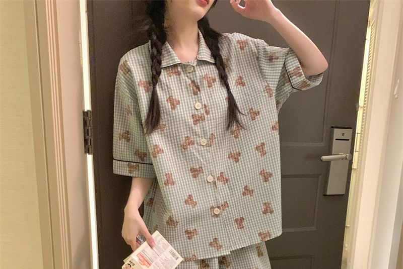 Sadelle - Pyjamatop met 3/4-mouwen, kraag en berenprint, knoopsluiting, broek, trekkoordtas en set