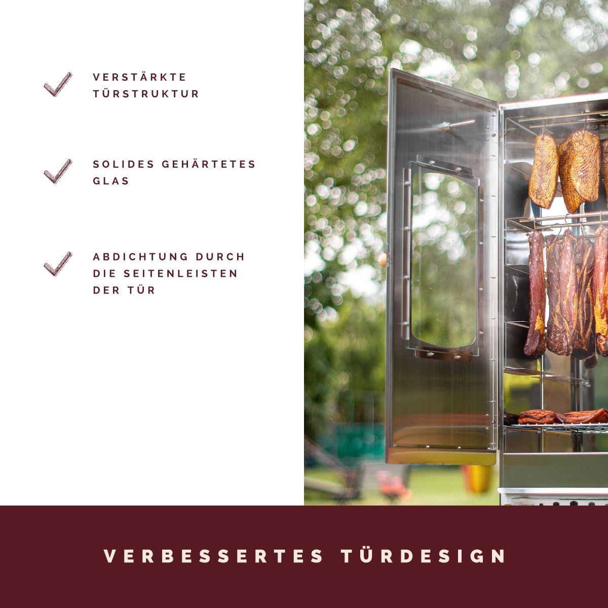 KAISER COMPANY '100' Hochwertiger Räucherofen/Räucherschrank aus Edelstahl - Holzbefeuerung I Tragbarer Smoker 110 cm I Perfekt zum Räuchern I Passen bis zu 15kg Fleisch I mit Zubehör I NICHTROSTEND