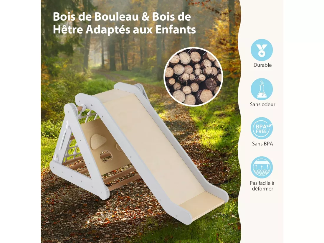 4 en 1 Triangle d'escalade Montessori Enfant avec Toboggan, Echelle d'escalade en Bois avec Filet, Inclinaison Réglable, Intérieur, Charge 60kg pour Enfants de 1 an+