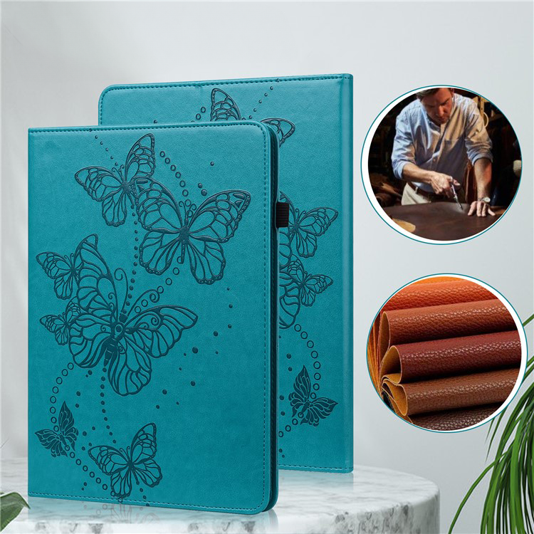 Samsung Galaxy Tab A9  Plus Leder Tasche Flip Cover Butterflies Imprint   S-Pen Halterung - Blaugrün